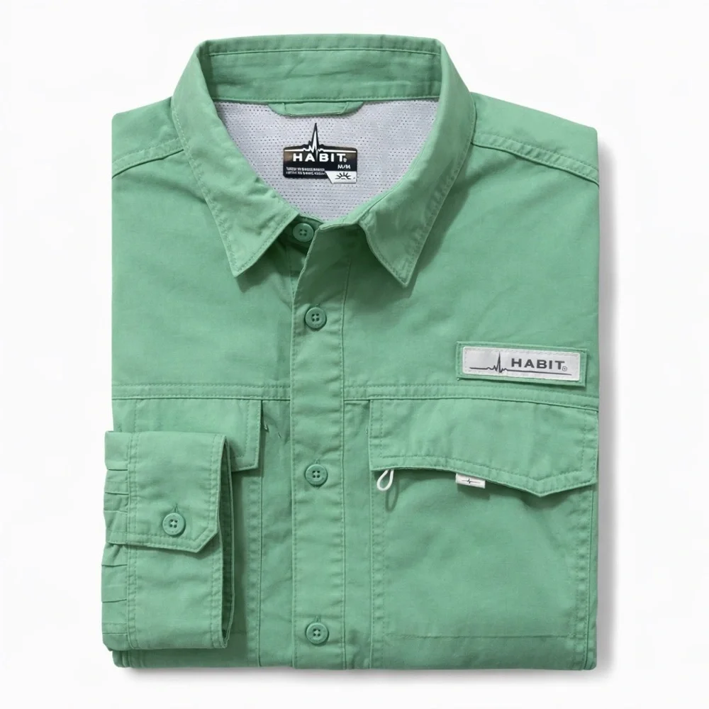 Habit Performance Fishing Shirt Green Button Down Size M Vented Outdoor